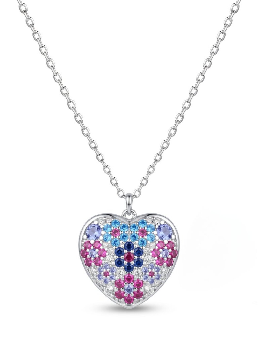 Blue and Pink Mosaic Flower Heart Gemstone Necklace, 925 Sterling Silver Charmed